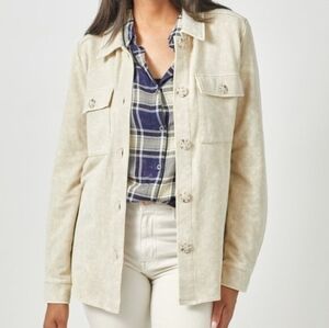 Mystree Creamy Beige Acid Wash Button-Up Jacket Shacket Sweatshirt Material